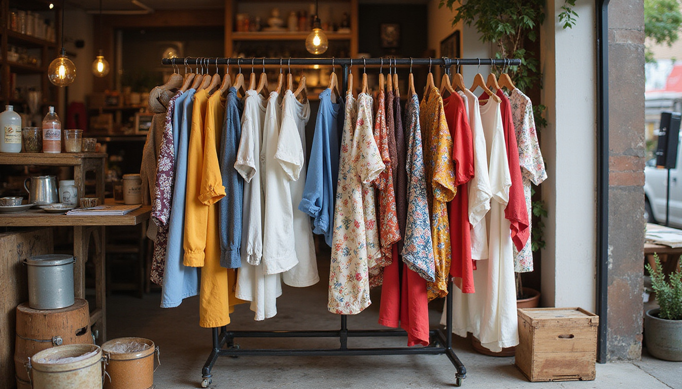 Before and after rack displaying repurposed clothing, rustic market stall, profit tags, warm tones
