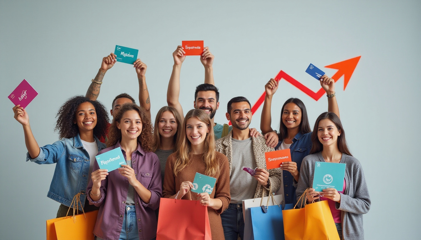  Diverse happy customers clutching branded catalogs, loyalty cards glowing, upward sales arrows
