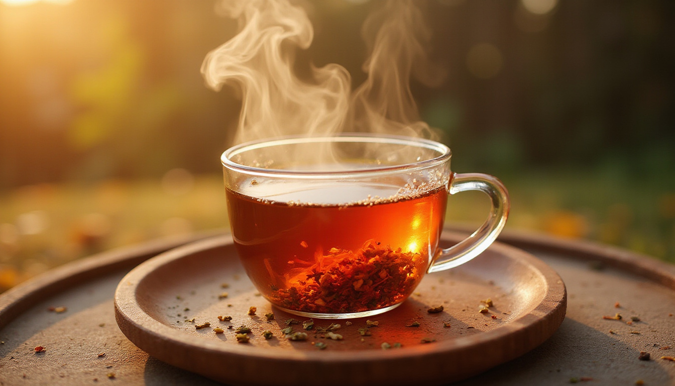  Warm herbal tea on wooden tray, steam swirling into rose-gold light, soothing hands