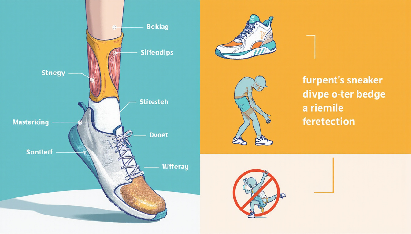  Infographic-style scene showing supportive sneaker anatomy, ankle brace, stretching techniques, injury prevention icons