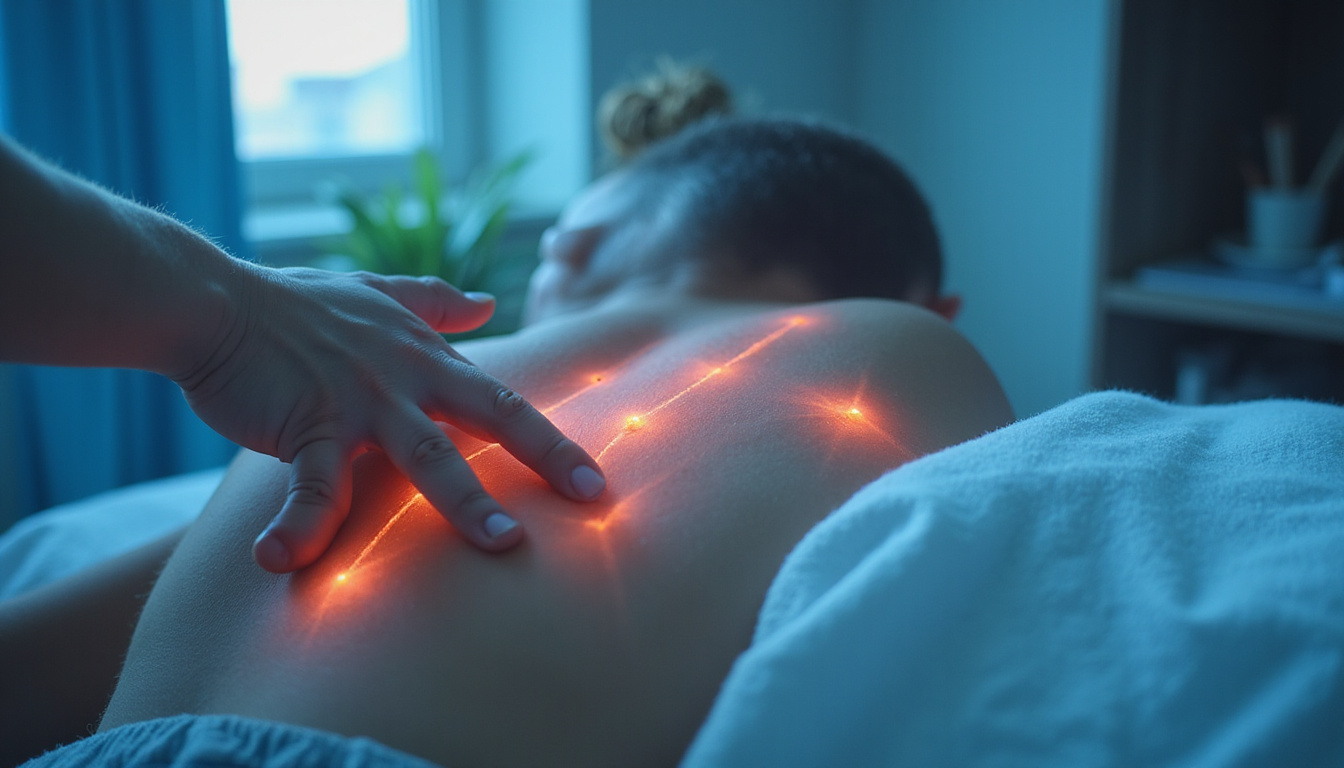  Close-up hands applying therapeutic massage, glowing pain points fading, clinical modern interior