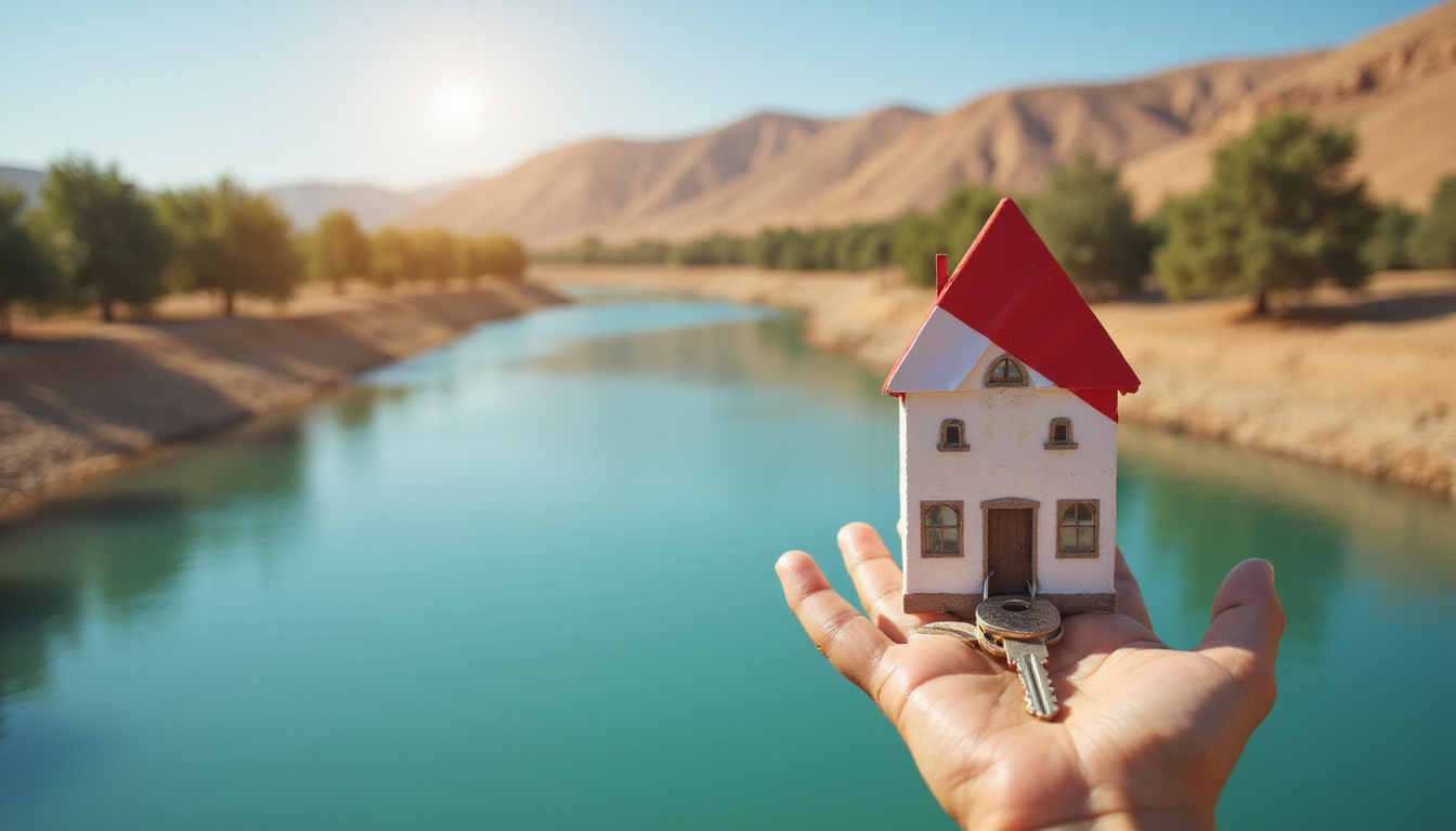  Hand holding house keys over Nile river, Egyptian flag, bank documents, low interest rate highlighted