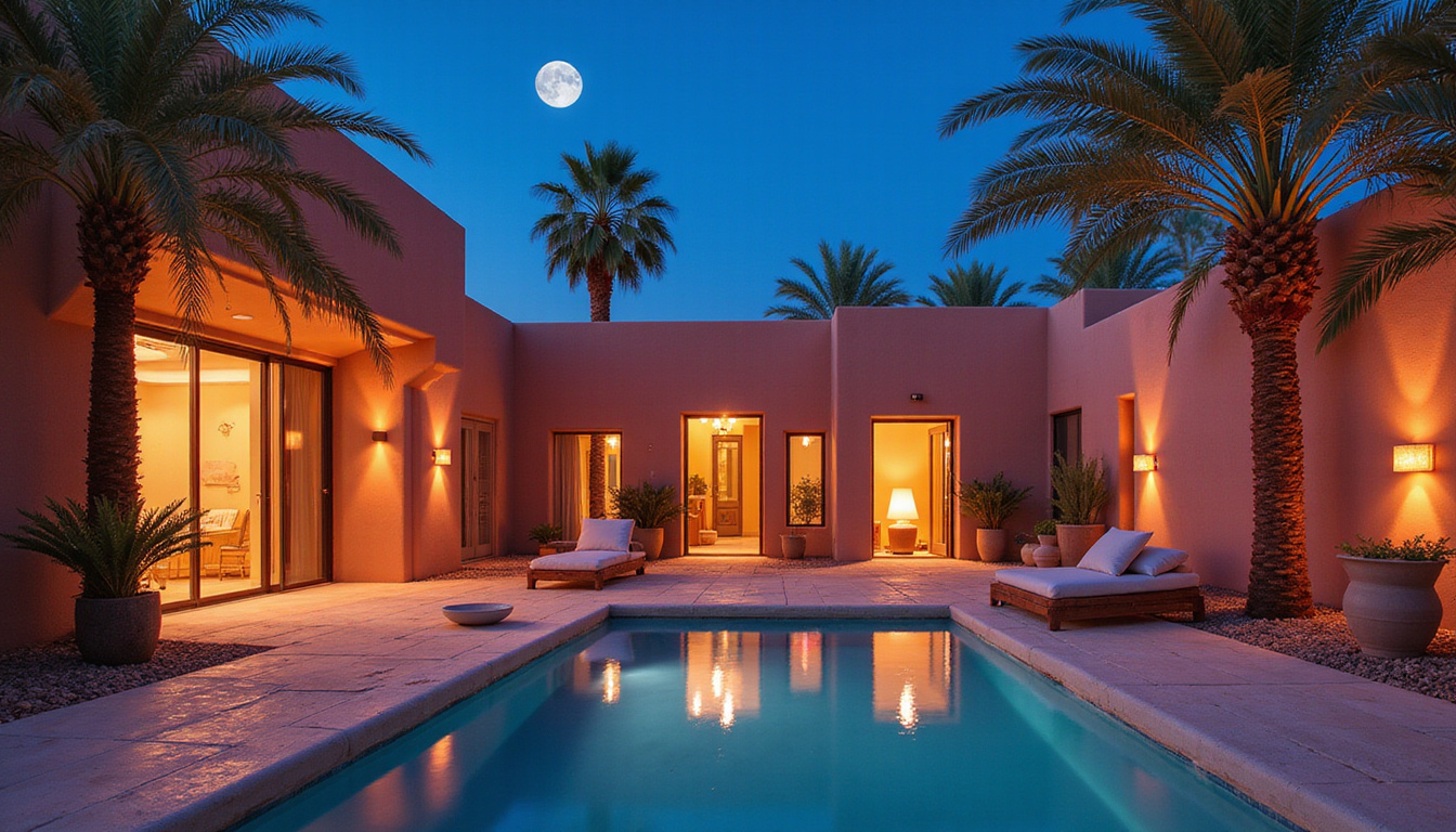  Minimalist desert courtyard with reflective pool, palm silhouettes, moonlight, handcrafted decor, serene ambiance