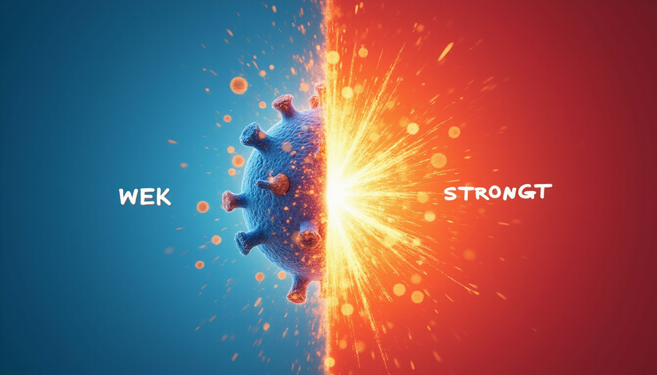  Infographic style split scene: weak versus strong immune response, fiery adjuvant sparks