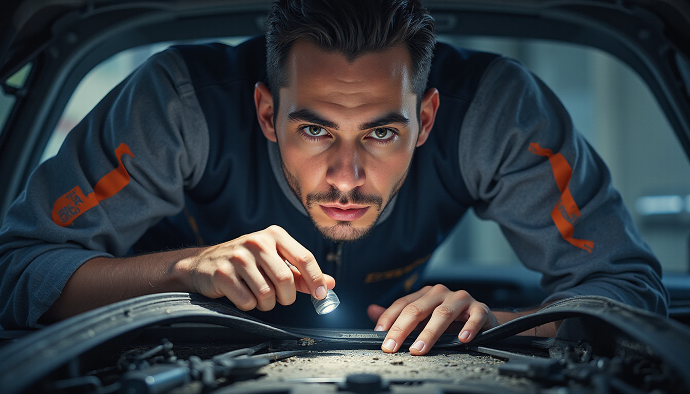 Mechanic examining cracked rubber belt with flashlight, urgent expression, dashboard warning icons