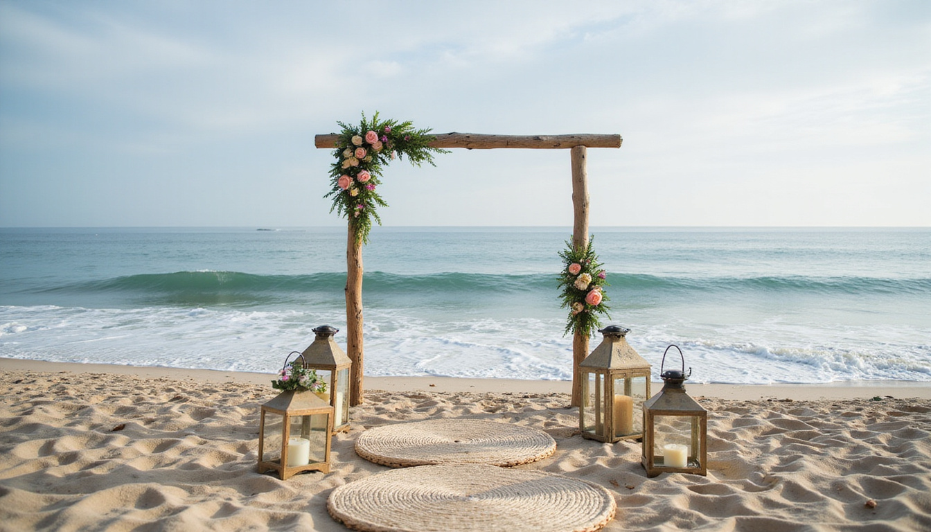  Budget-friendly seaside elopement, woven mats, simple floral aisle, rustic lanterns, gentle waves