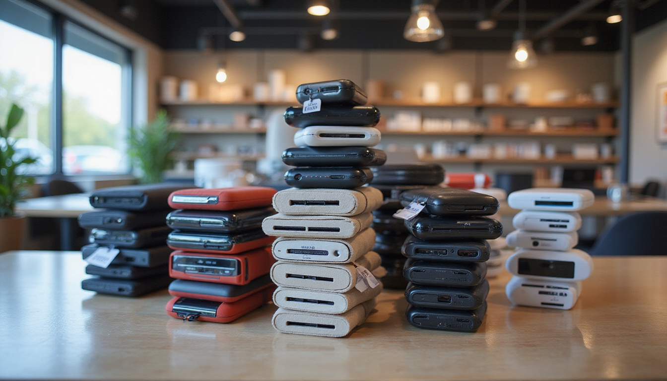Stacked refurbished gadgets with price tags, sleek packaging, online storefront backdrop, bright modern studio lighting