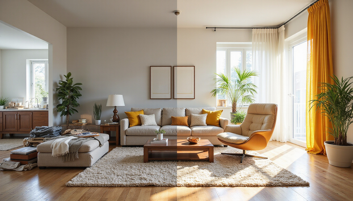  Before-and-after living room transformation: chaotic piles to serene minimalist space, sunlight, polished floors