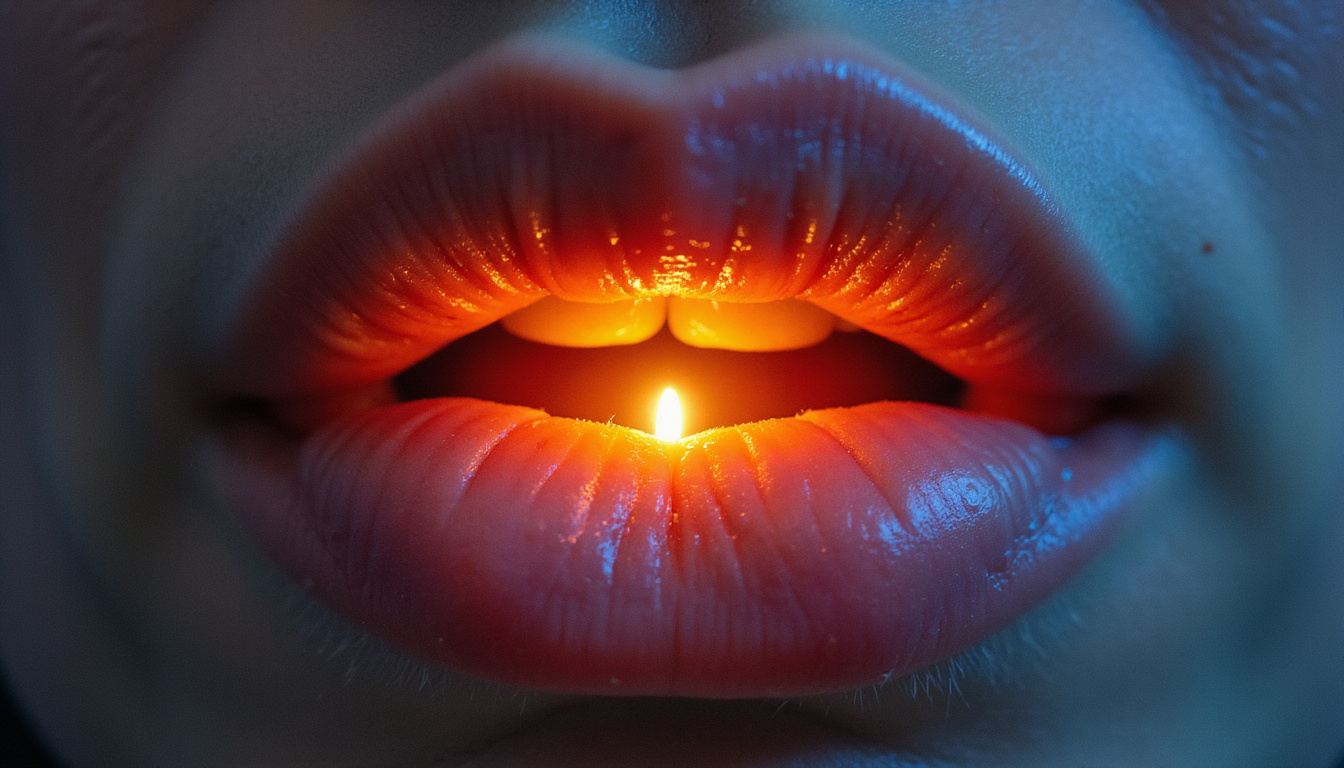  Close-up chanting lips emitting luminous mandala, anxious shadows dissolving into focused calm