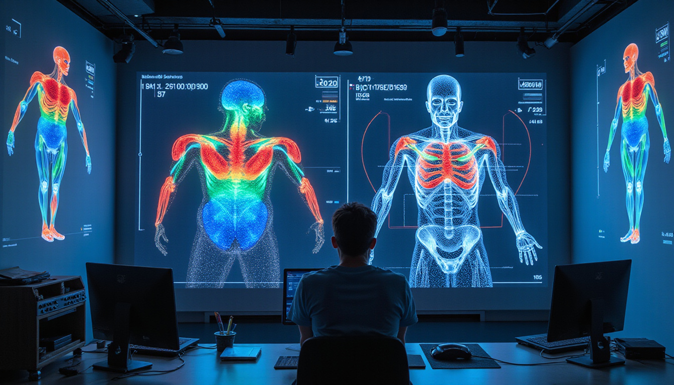  High-tech sports lab scene, coach analyzing colorful biomechanical graphs and elastic muscle fibers, injury prevention