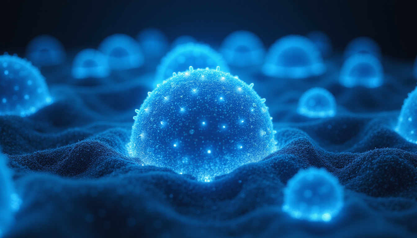  Futuristic laboratory visualization of stem cells activating hair regrowth, blue bioluminescent light