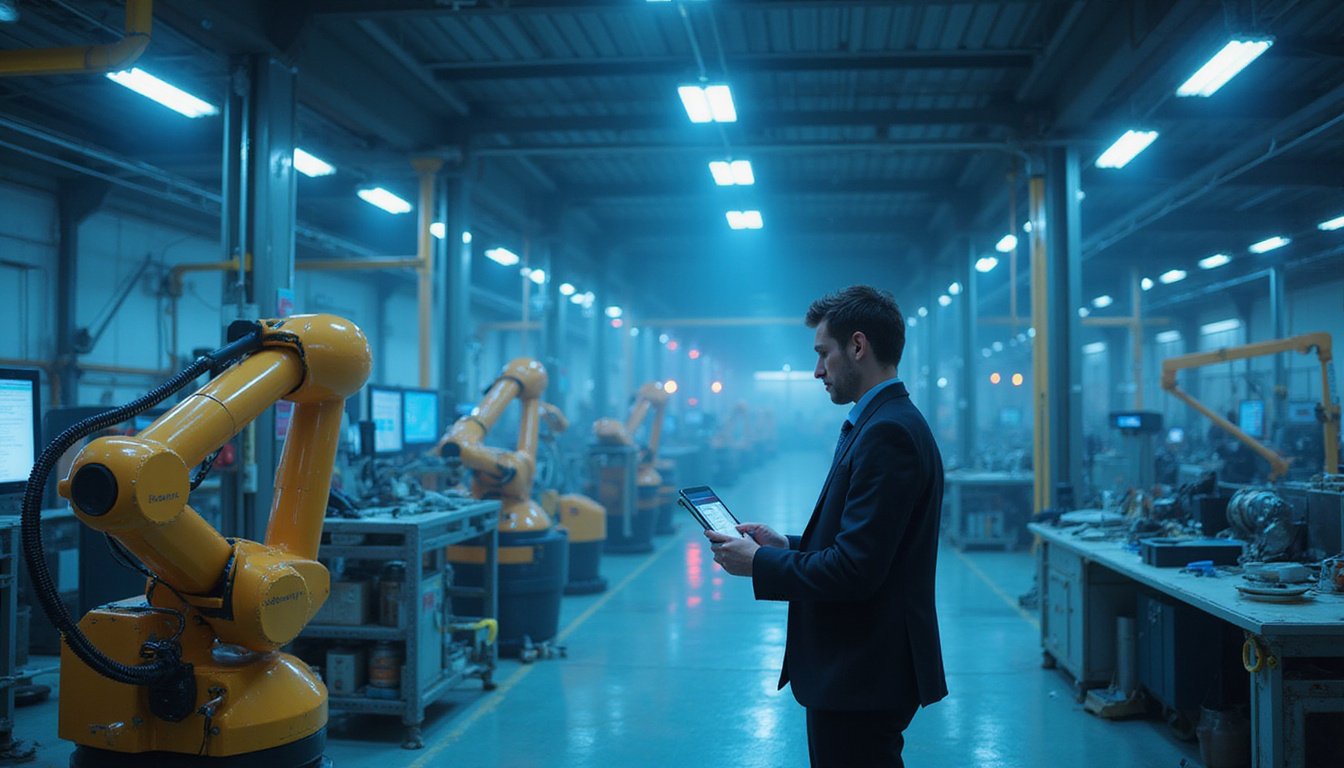  Smart factory interior: robots, sensors, LED lighting, manager with tablet analyzing rising value graphs