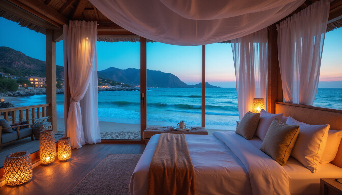  Private beachfront suite with canopy bed, lanterns, turquoise surf, moonlit desert mountains