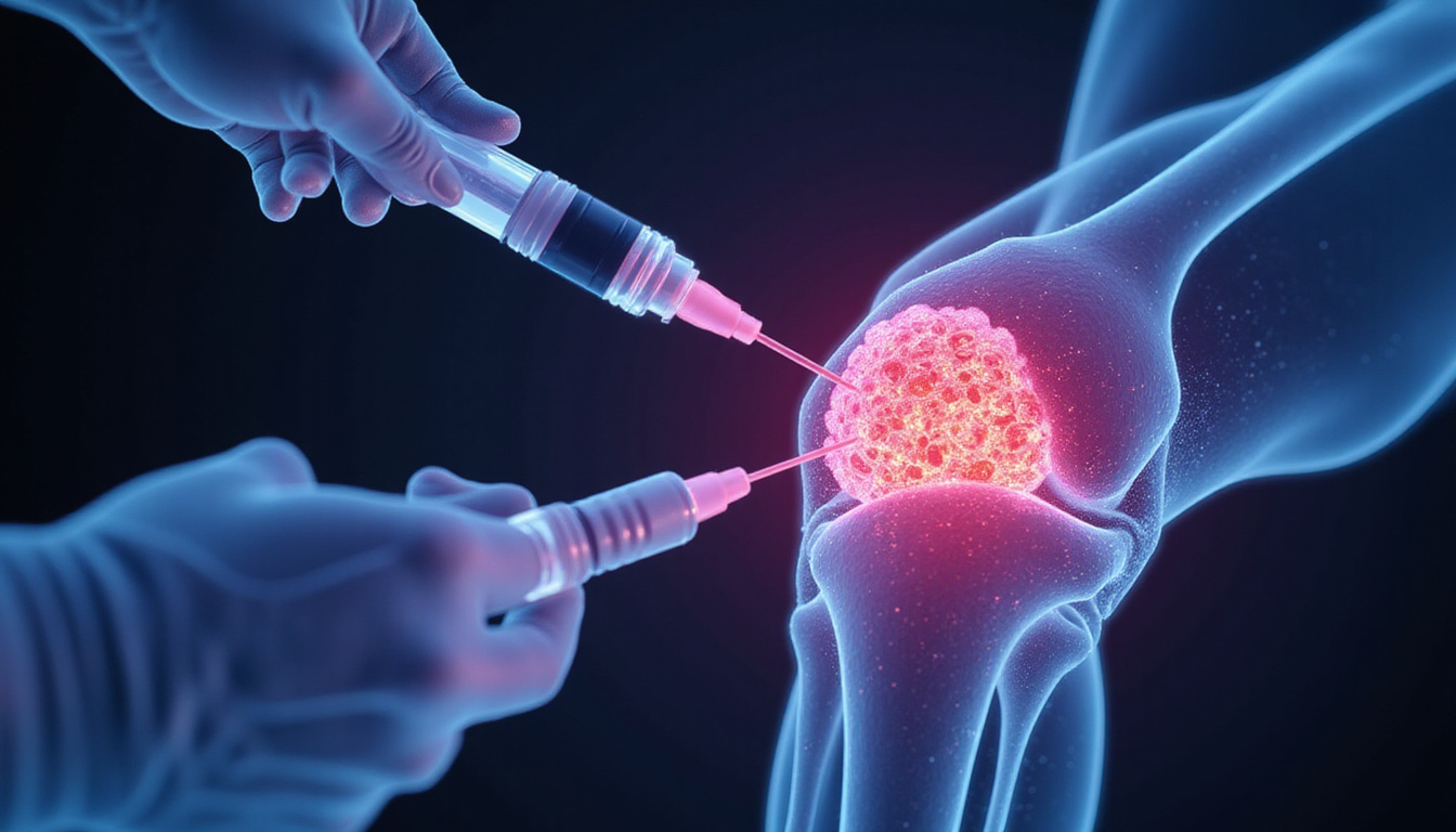  Ultrasound-guided injection, glowing platelet clusters versus smooth viscous gel, anatomical knee overlay
