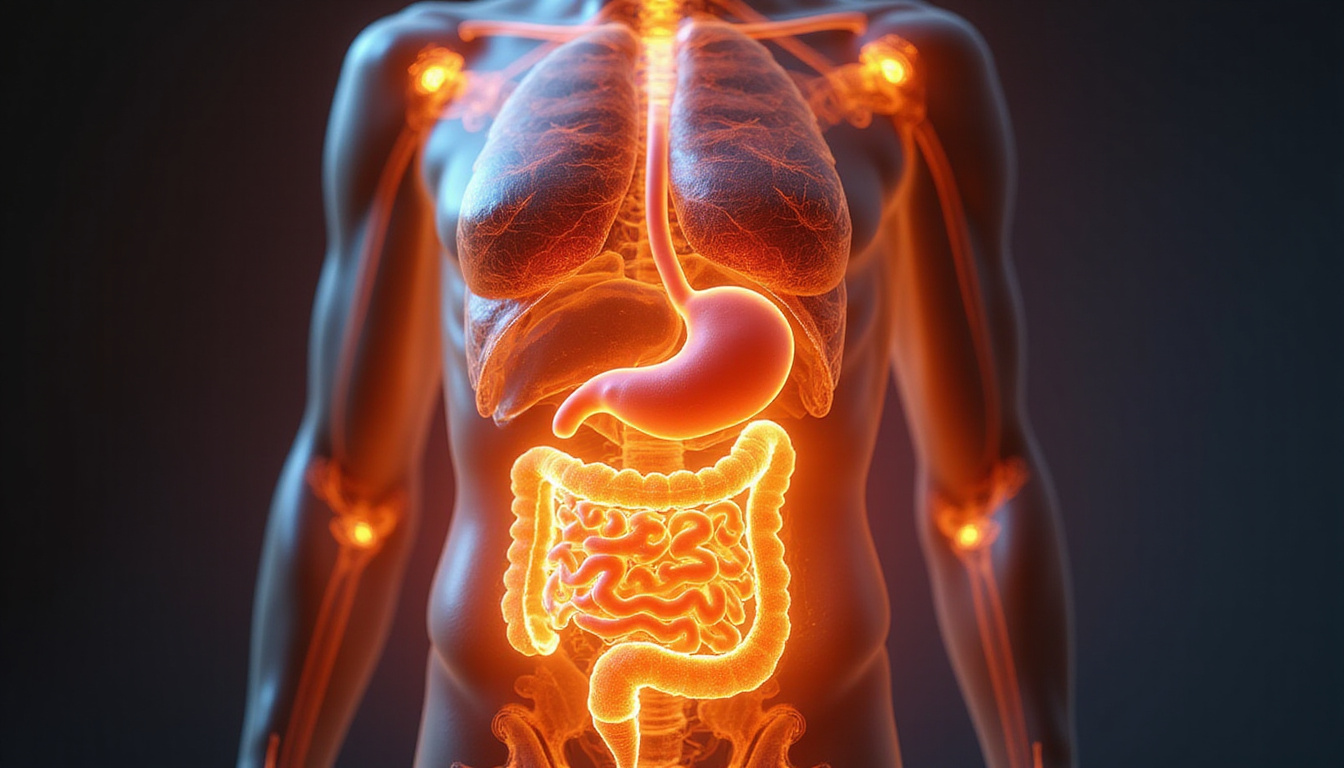  Transparent human torso with glowing anti-inflammatory gut, reduced bloating, warm golden light