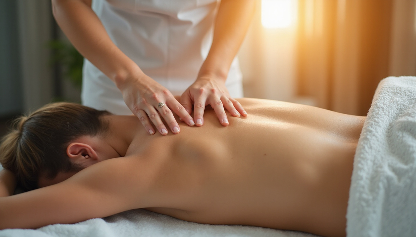 Therapeutic scene: clinician performing targeted nerve block and stretching, patient relieved, warm tones