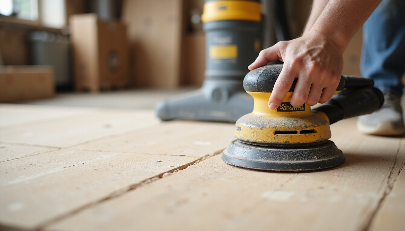 Clean plywood subfloor being sanded and vacuumed, bright workshop, safety goggles, realistic close-up