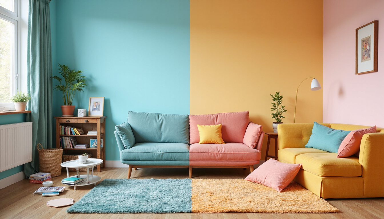  Before-and-after messy living room transformed to minimalist tidy space, piggy bank and stopwatch