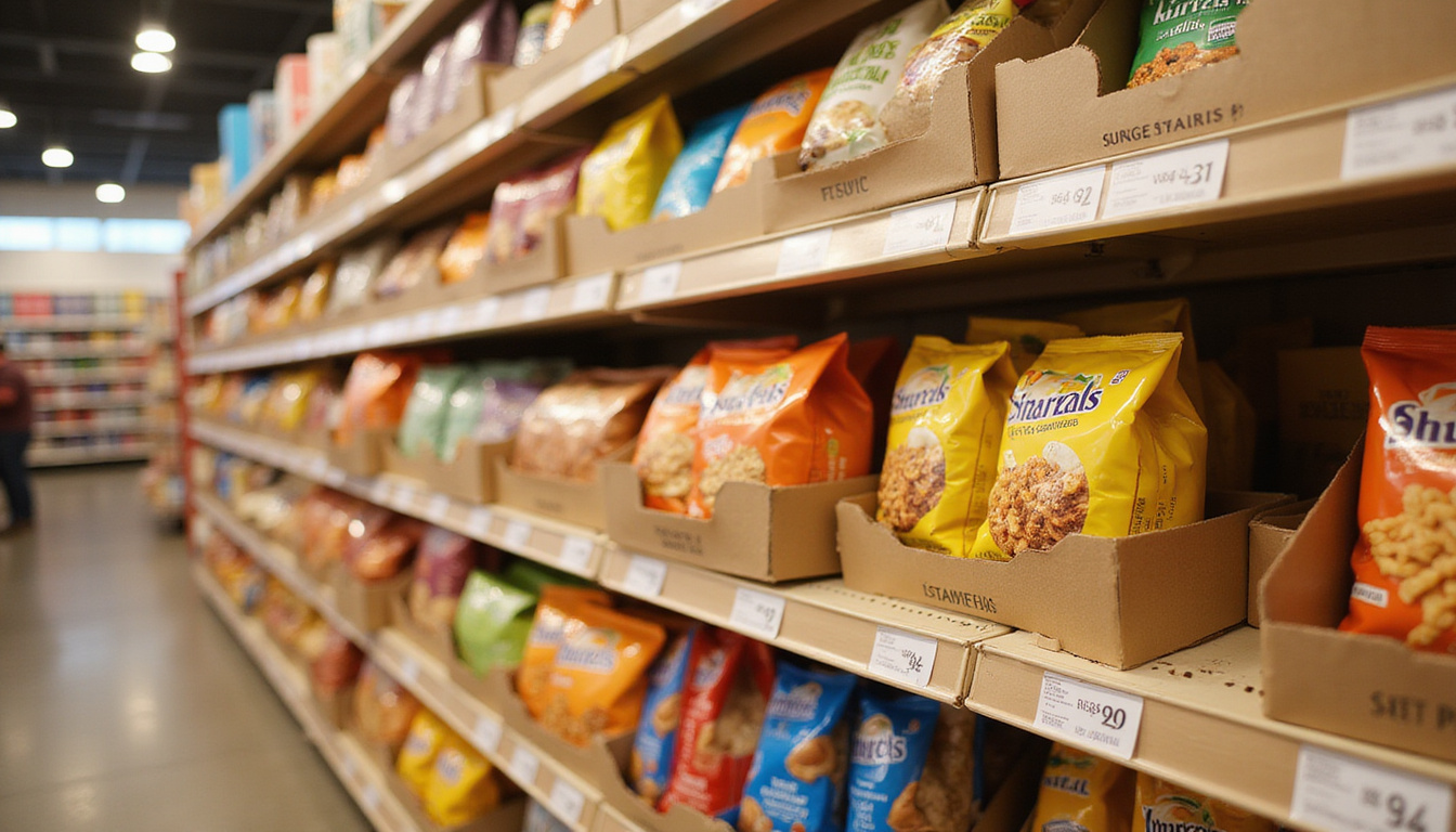  Aisle view of minimalist cardboard shelf talkers highlighting snacks, impulse purchases, warm lighting
