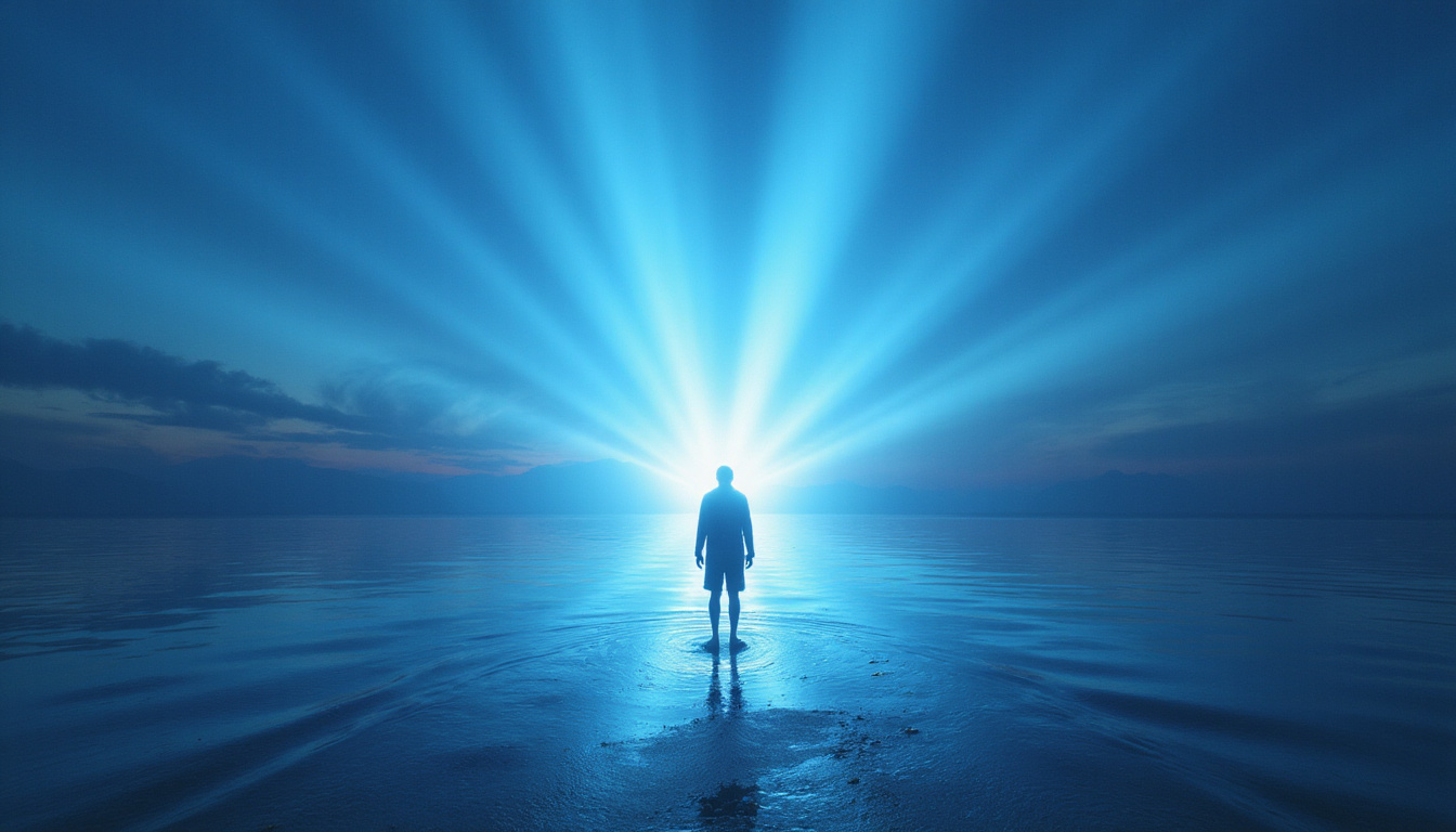  Solitary figure emitting soft blue light attracting joyful silhouettes, magnetic energy, sunrise seaside, hopeful atmosphere