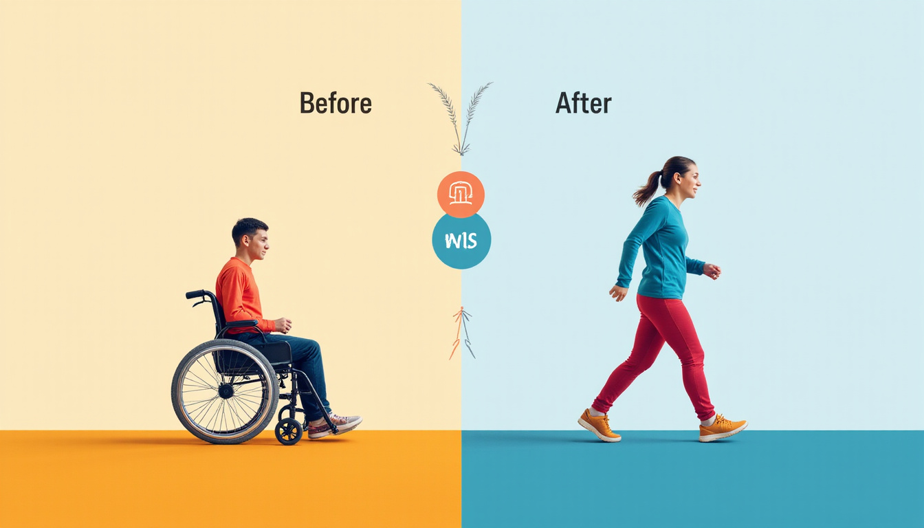 Dynamic before-and-after scene: wheelchair to walking unaided, prehabilitation roadmap, vibrant optimism