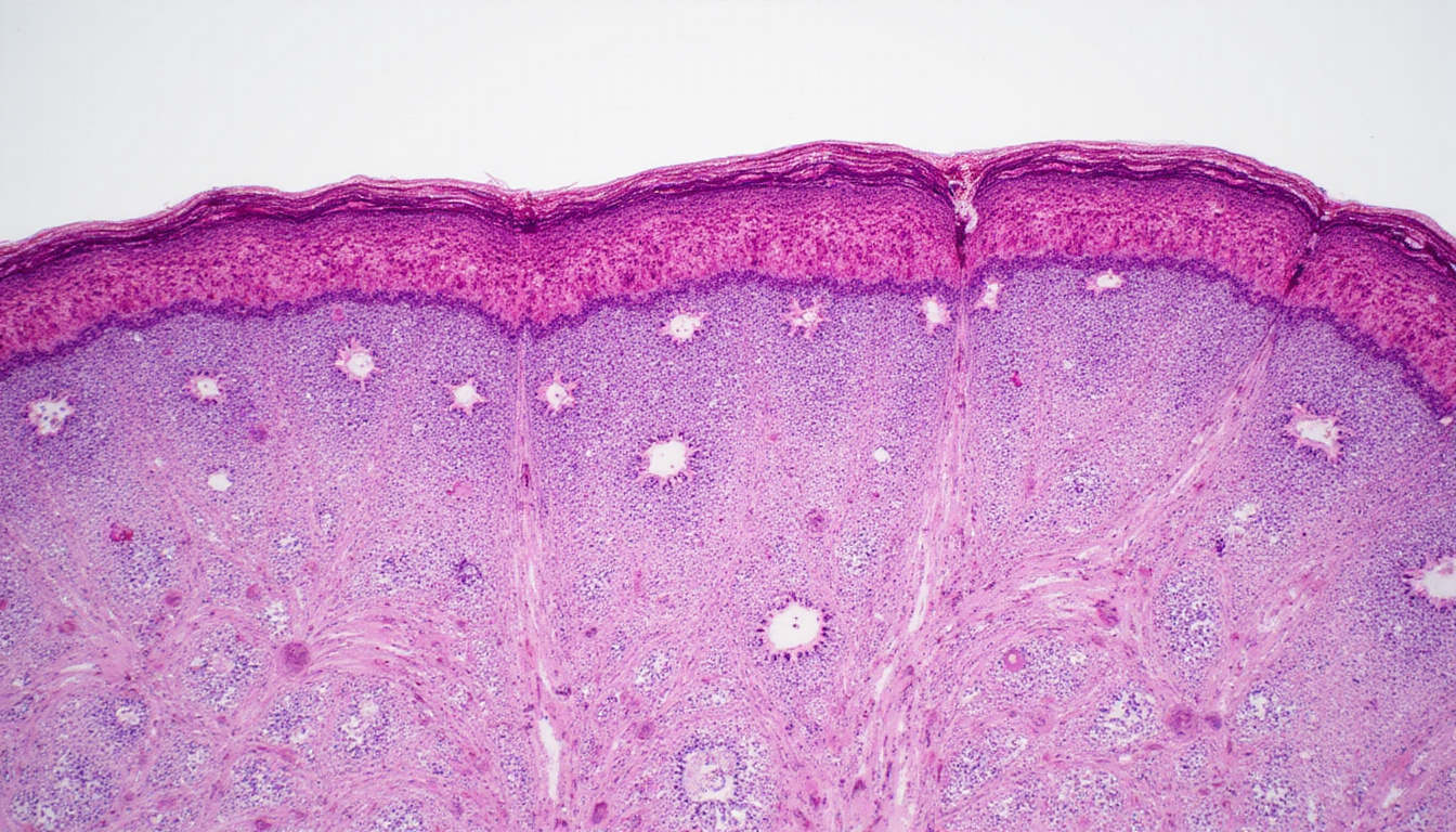  Microscopic histology slide of scalp tissue, stained follicles, inflammation markers, hopeful regenerating hair
