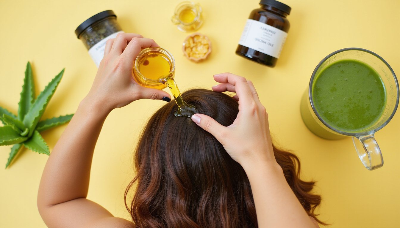  Close-up of hands applying castor oil to scalp, aloe vera, biotin supplements, green smoothie