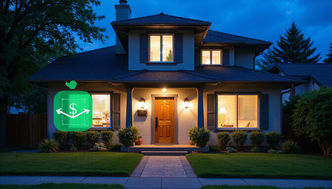 Nighttime suburban house with motion-sensor lights, cameras, biometric door lock, green savings graph overlay