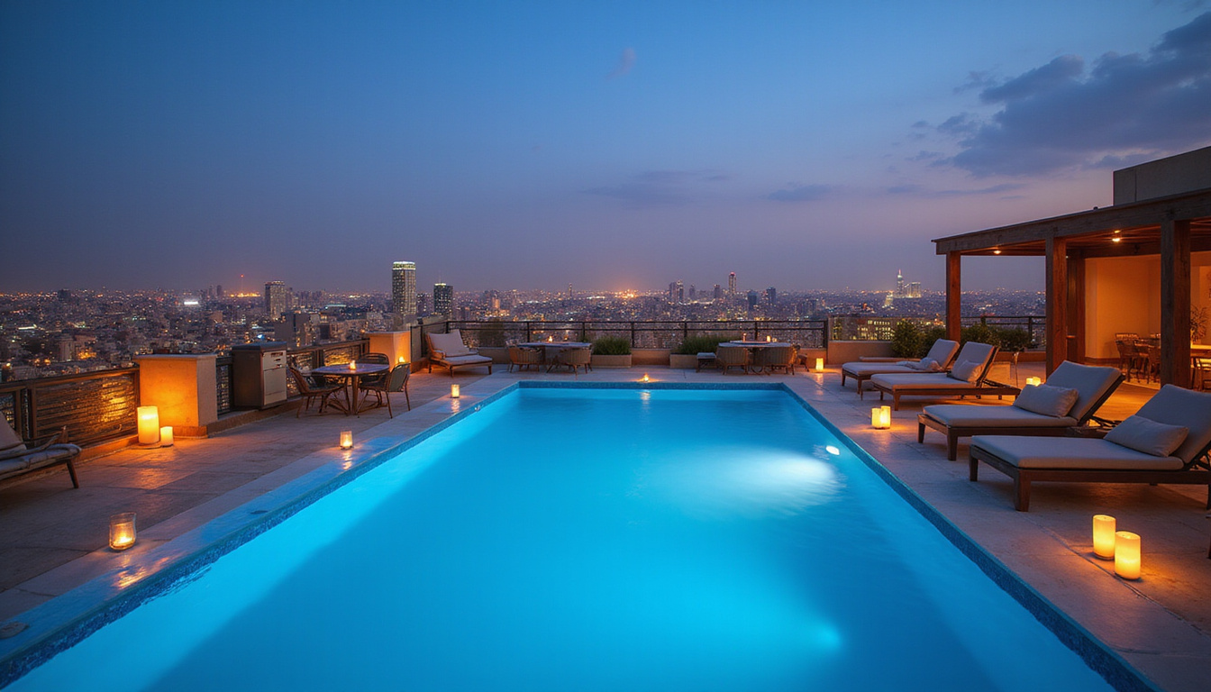  Rooftop infinity pool with plush loungers, Cairo skyline, candlelit private dinner, warm amber lighting