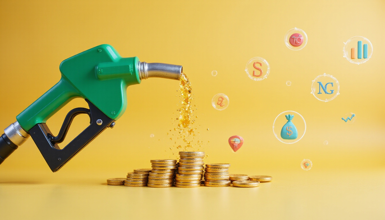 Fuel nozzle pouring golden gasoline forming coins and efficiency icons, clean economy concept