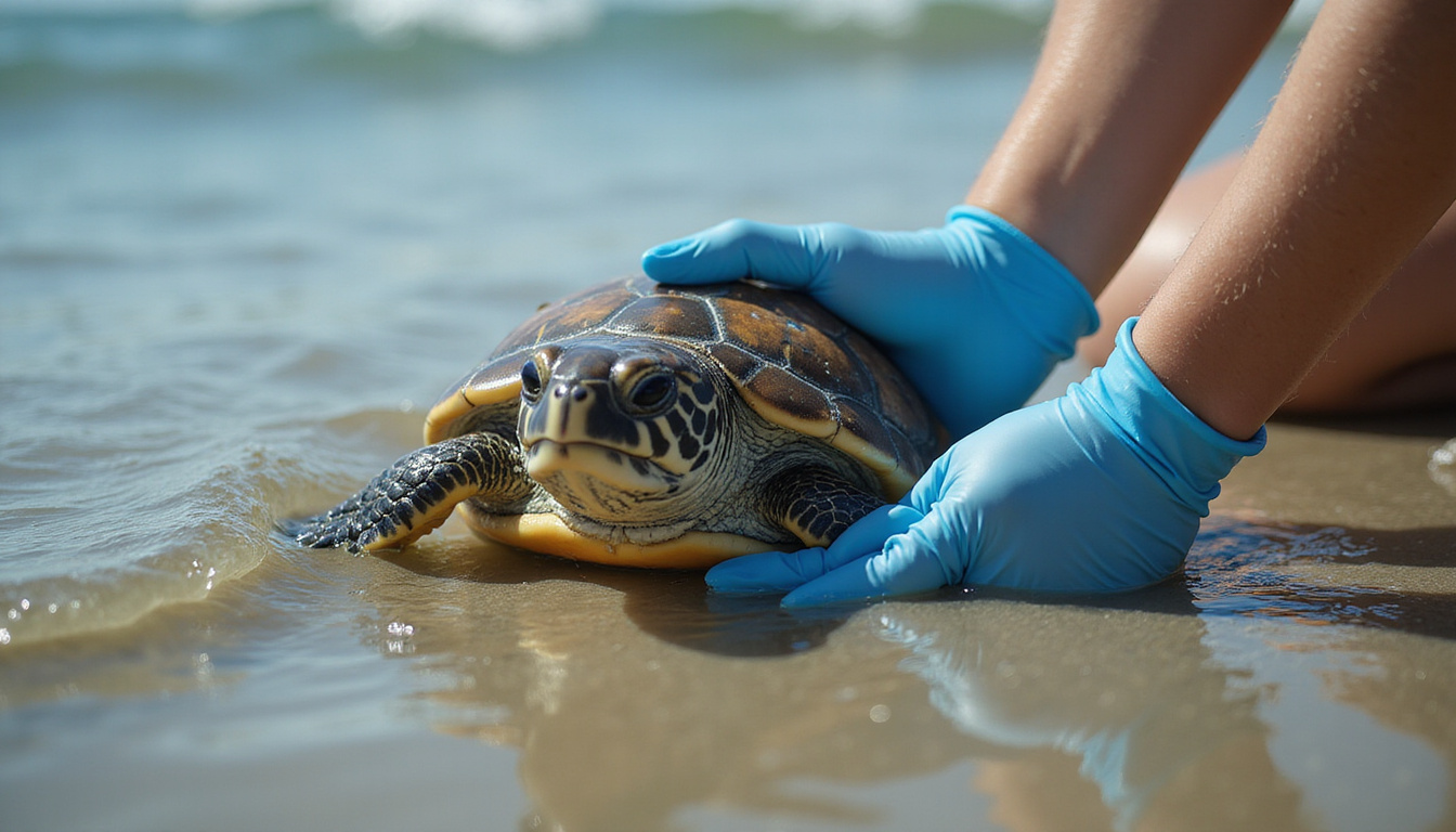  Instructional close-up: gloved hands supporting adult turtle, careful touch, ocean waves, warm lighting