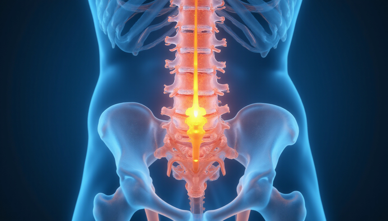 Cutaway anatomical illustration of lumbar spine nerve root highlighted, analgesic flow, soft blue tones