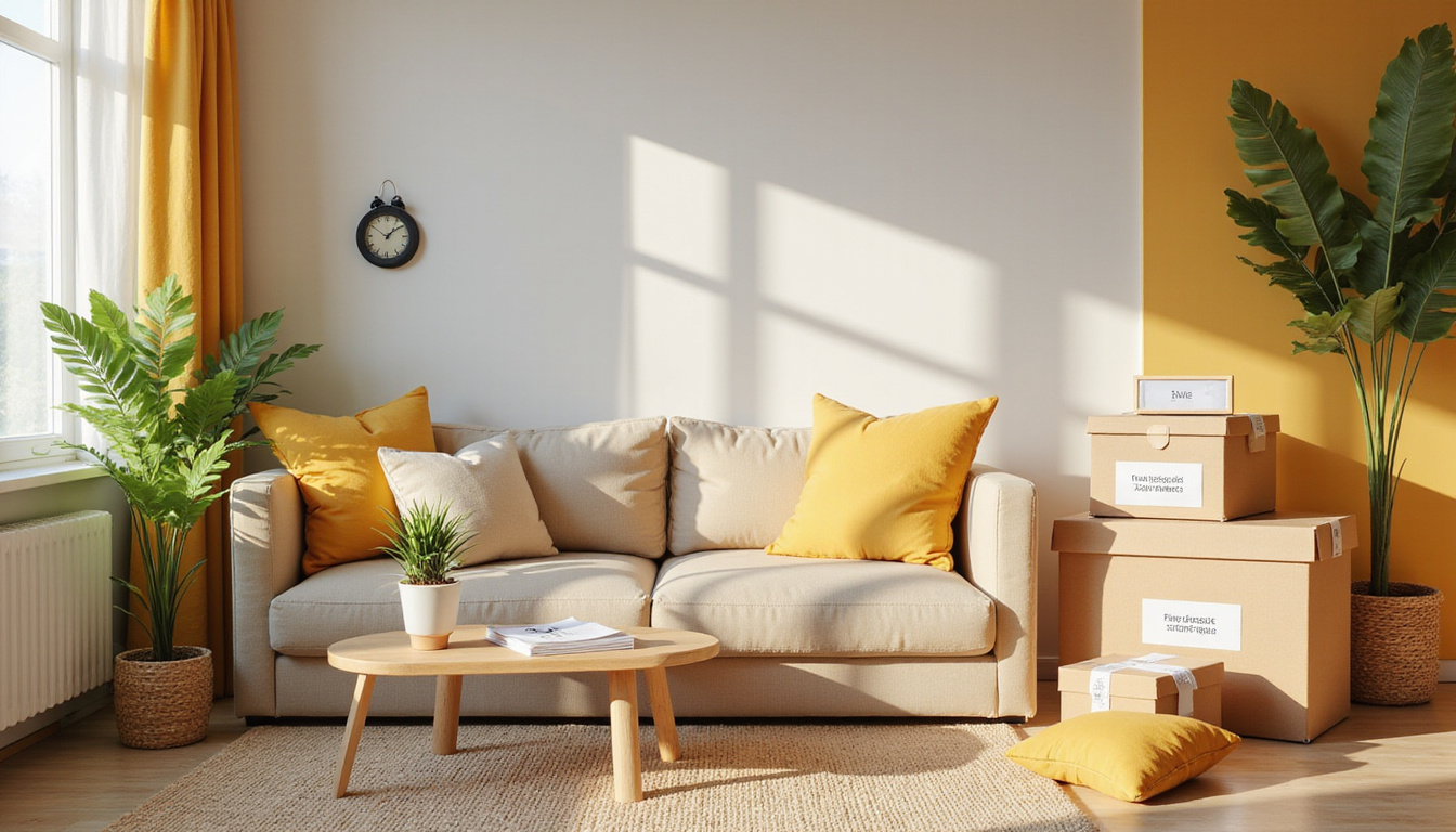  Minimalist living room, labeled boxes, checklist and timer, fast decluttering, warm cozy styling