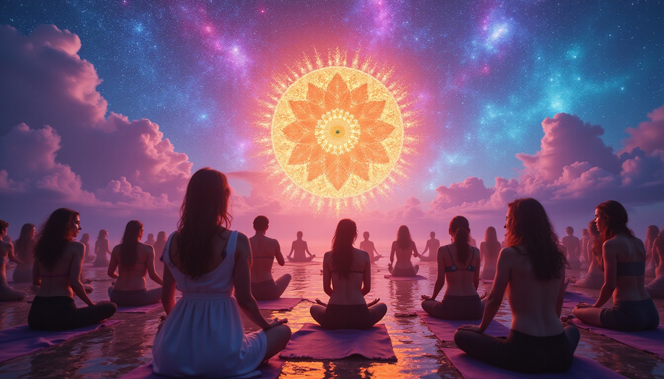 Group holotropic session, therapists and participants, rhythmic movement, vibrant mandala sky, cathartic tears