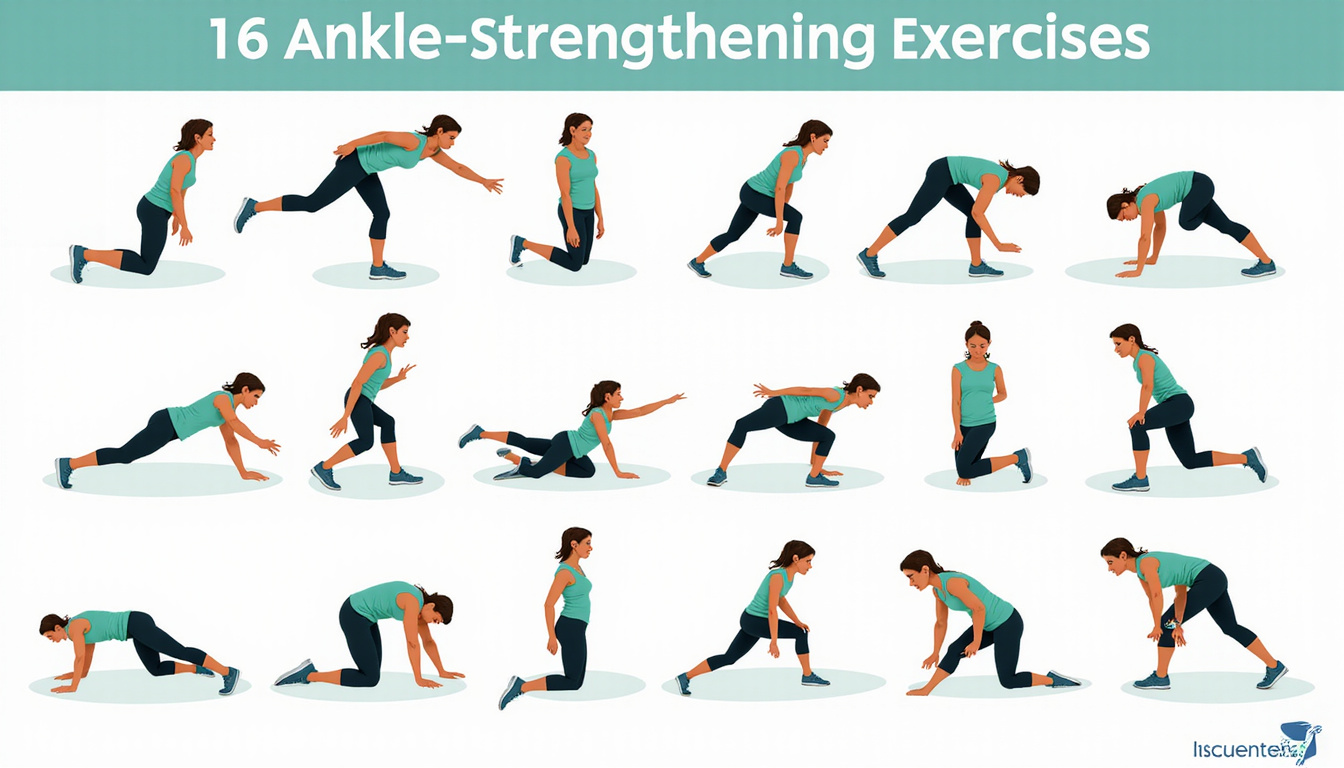 Dynamic sequence of ten ankle-strengthening exercises infographic, illustrated steps, clean minimal medical style