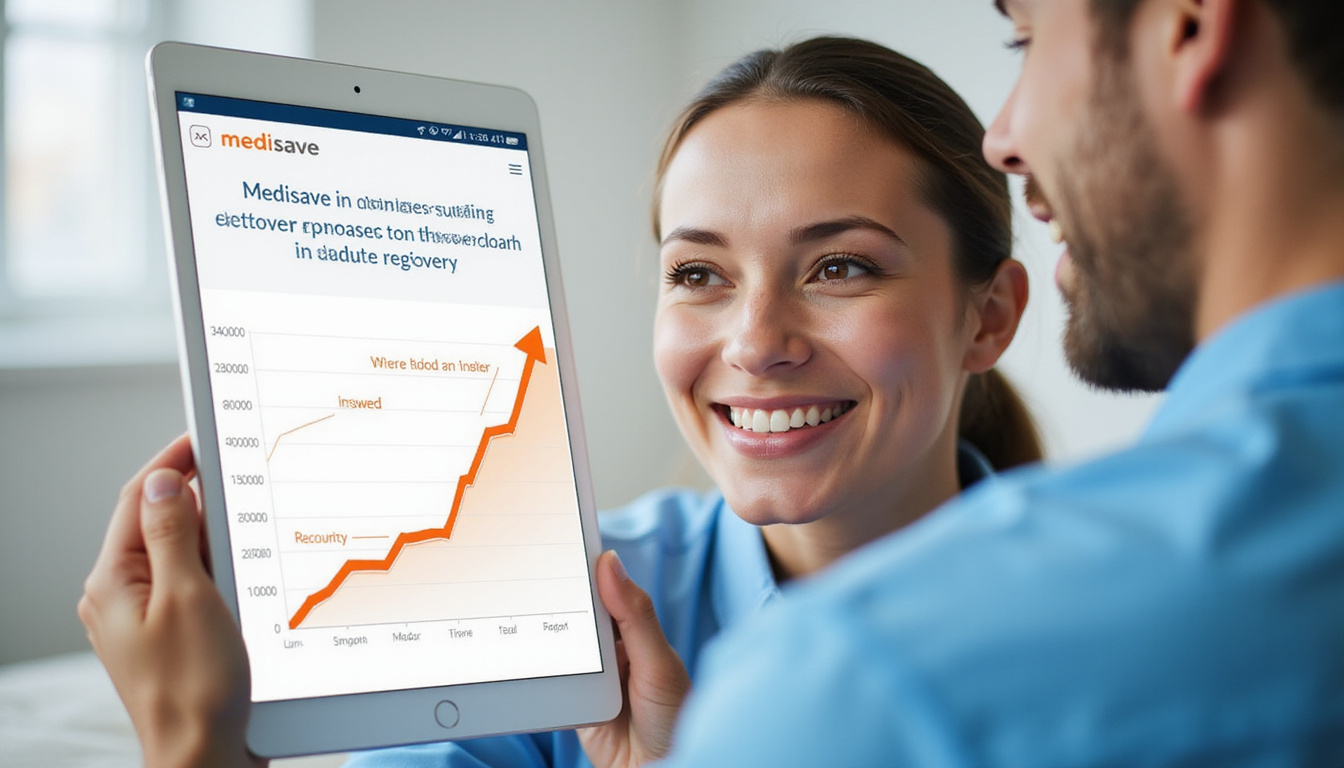  Tablet displaying Medisave approvals, recovery chart trending upward, smiling therapist and patient