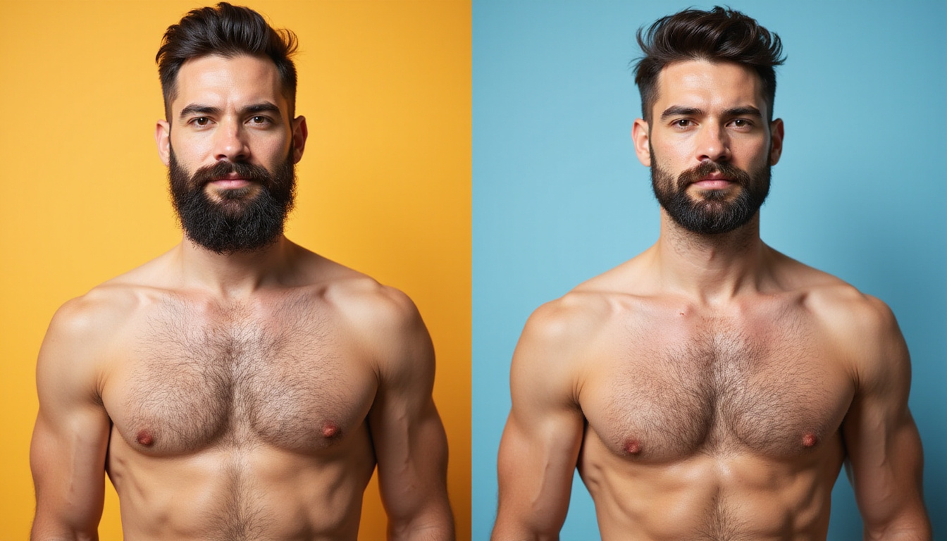  Before-and-after diptych showing chest, facial hair progression, confident posture, medical chart overlay