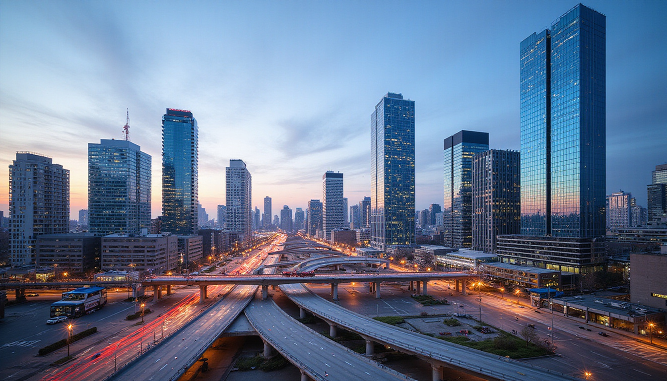  Vibrant urban skyline, glass towers, transit hubs, investor analyzing holographic real estate analytics