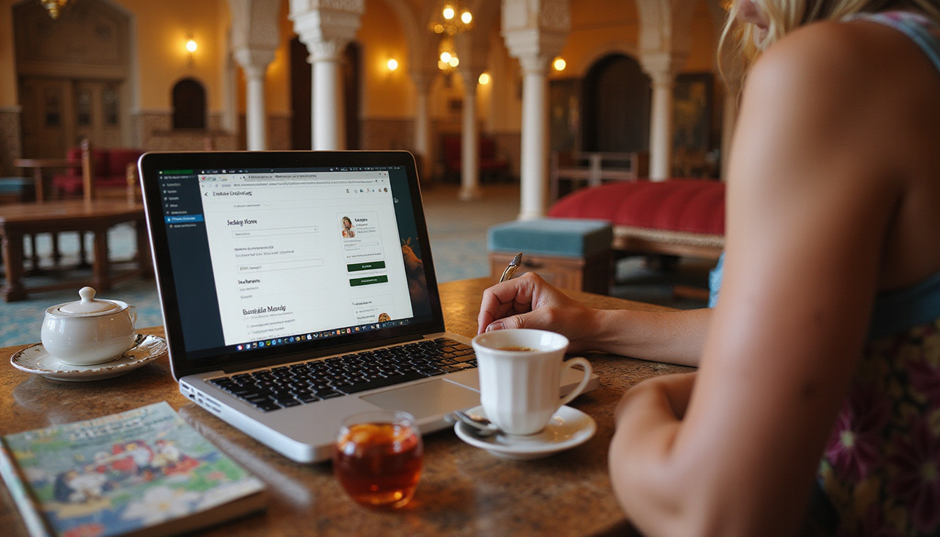 Traveler booking a hammam hotel on laptop in ornate lobby, tea, guidebook