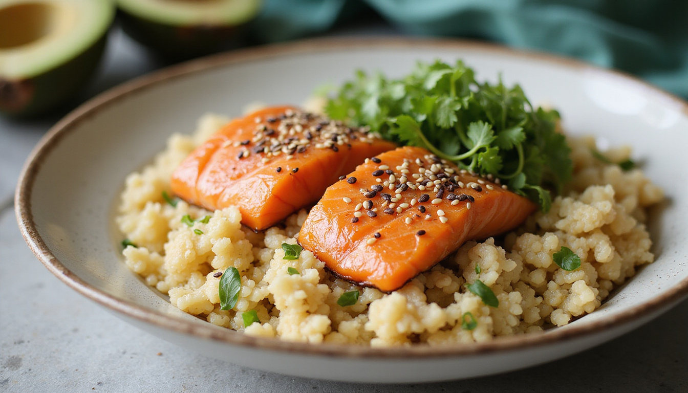 Close-up of vibrant low-carb dinner bowl, cauliflower rice, seared salmon, sesame seeds, microgreens