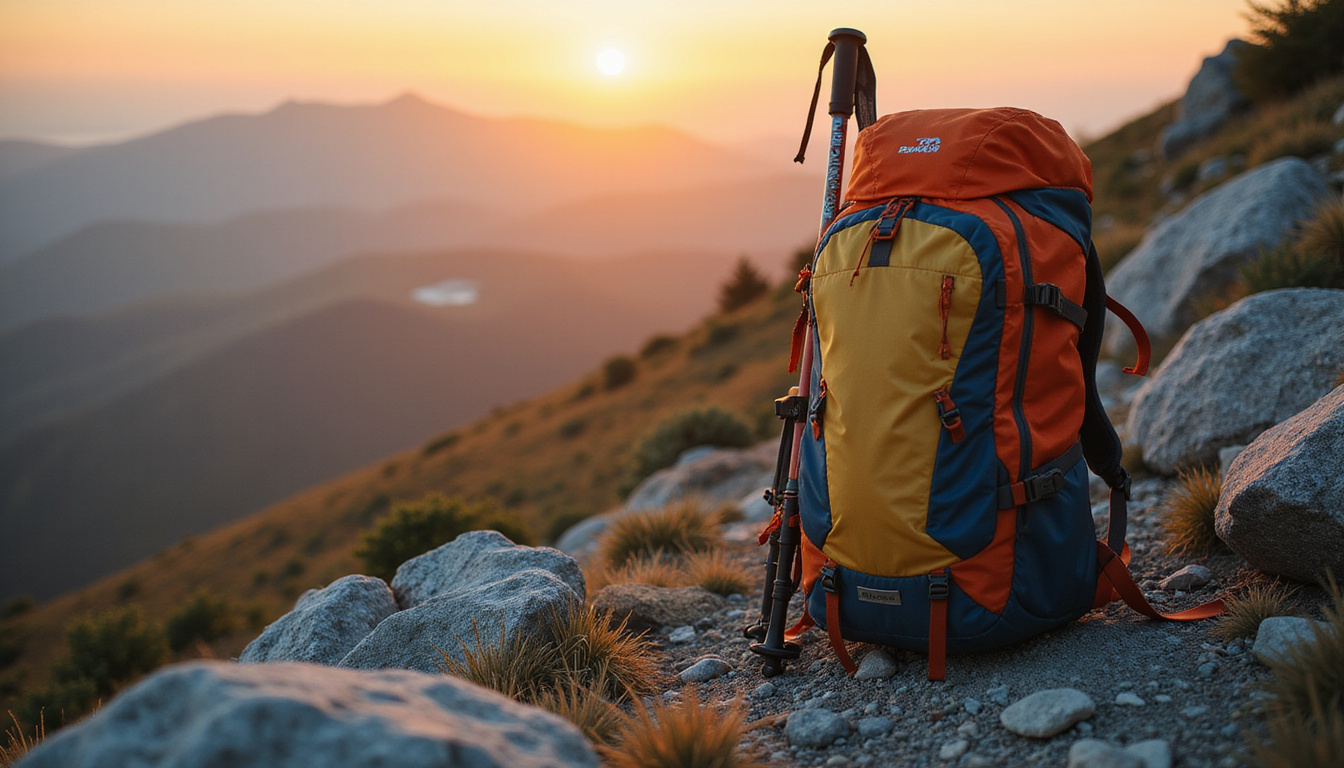  Close-up backpack with trekking poles on rocky trail, warm sunrise light, safety gear visible