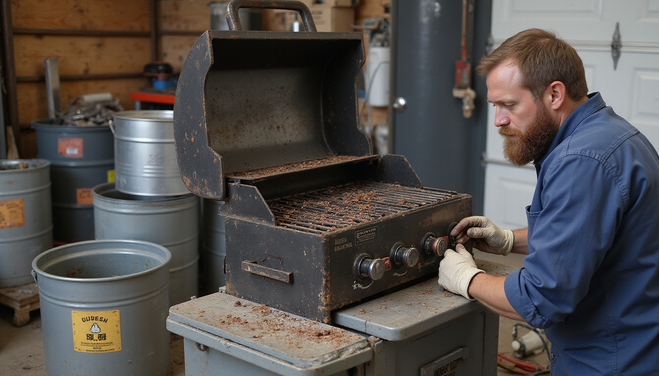 Technician disassembling old propane grill in garage with labeled metal recycling bins, safety gloves
