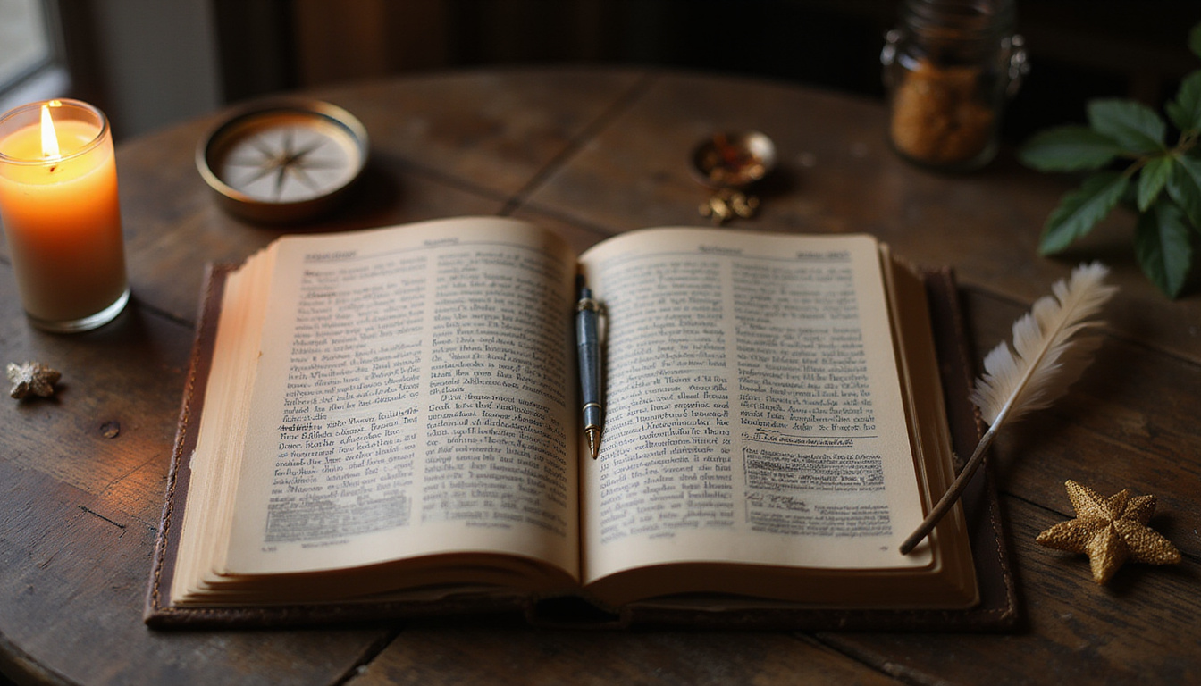 Open journal on oak table, candlelight illuminating compass, feathered quill, golden guiding star