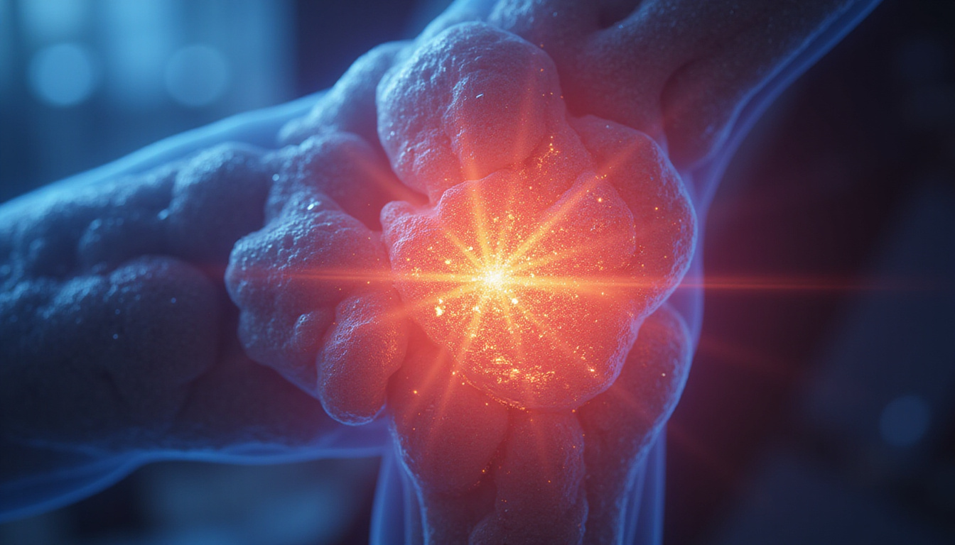  microscopic view of growth factors repairing cartilage, radiant healed knee, soft clinical lighting