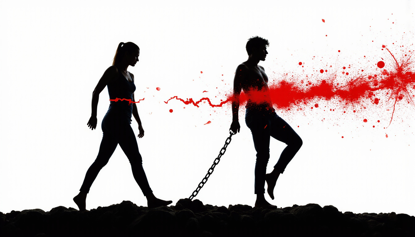 Silhouette split: one side fluid mobility, other side stiffness with red stress cracks, chains breaking