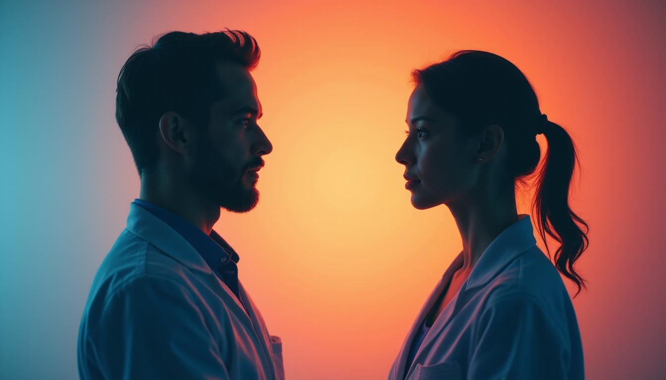  Doctor adjusting hormone balance dial, portraits of male and female silhouettes, warm clinical palette