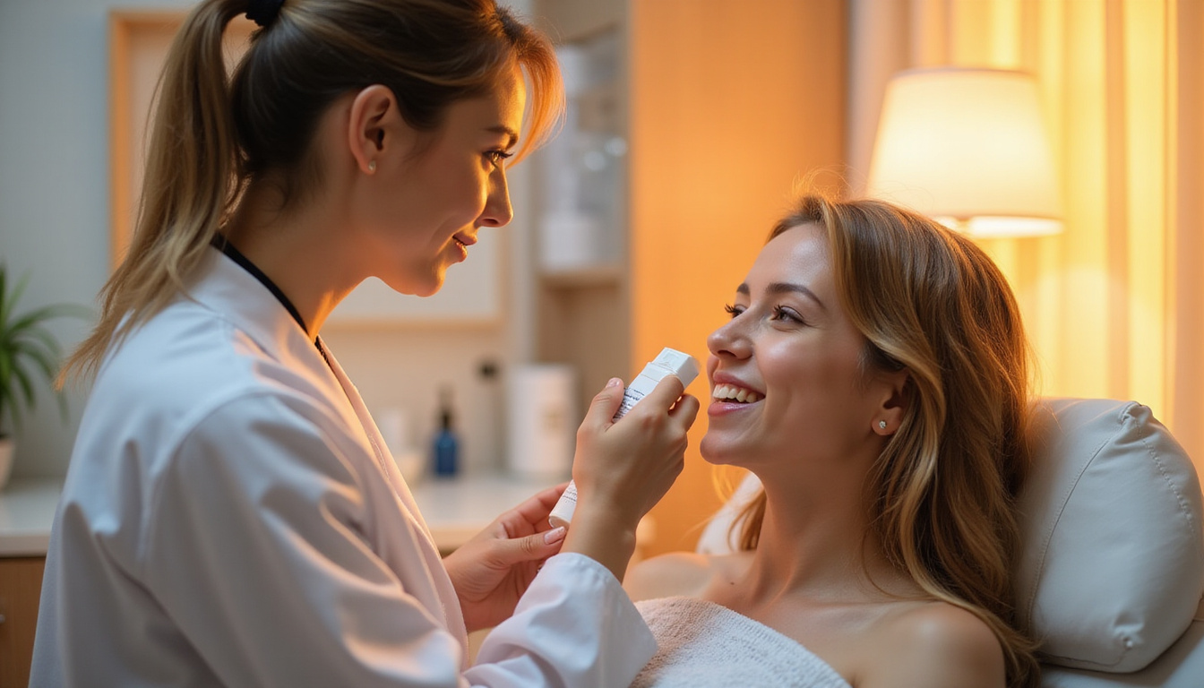  Warm clinical scene: expert dermatologist applying topical hormone cream, smiling patient, safety checklist, soft golden light
