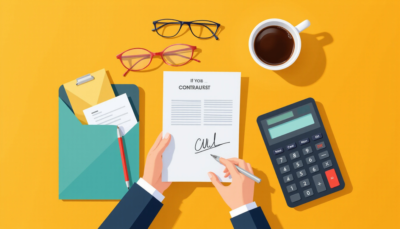 Overhead flat-lay of lease negotiation scene: coffee, signed contract, calculator, confident renter