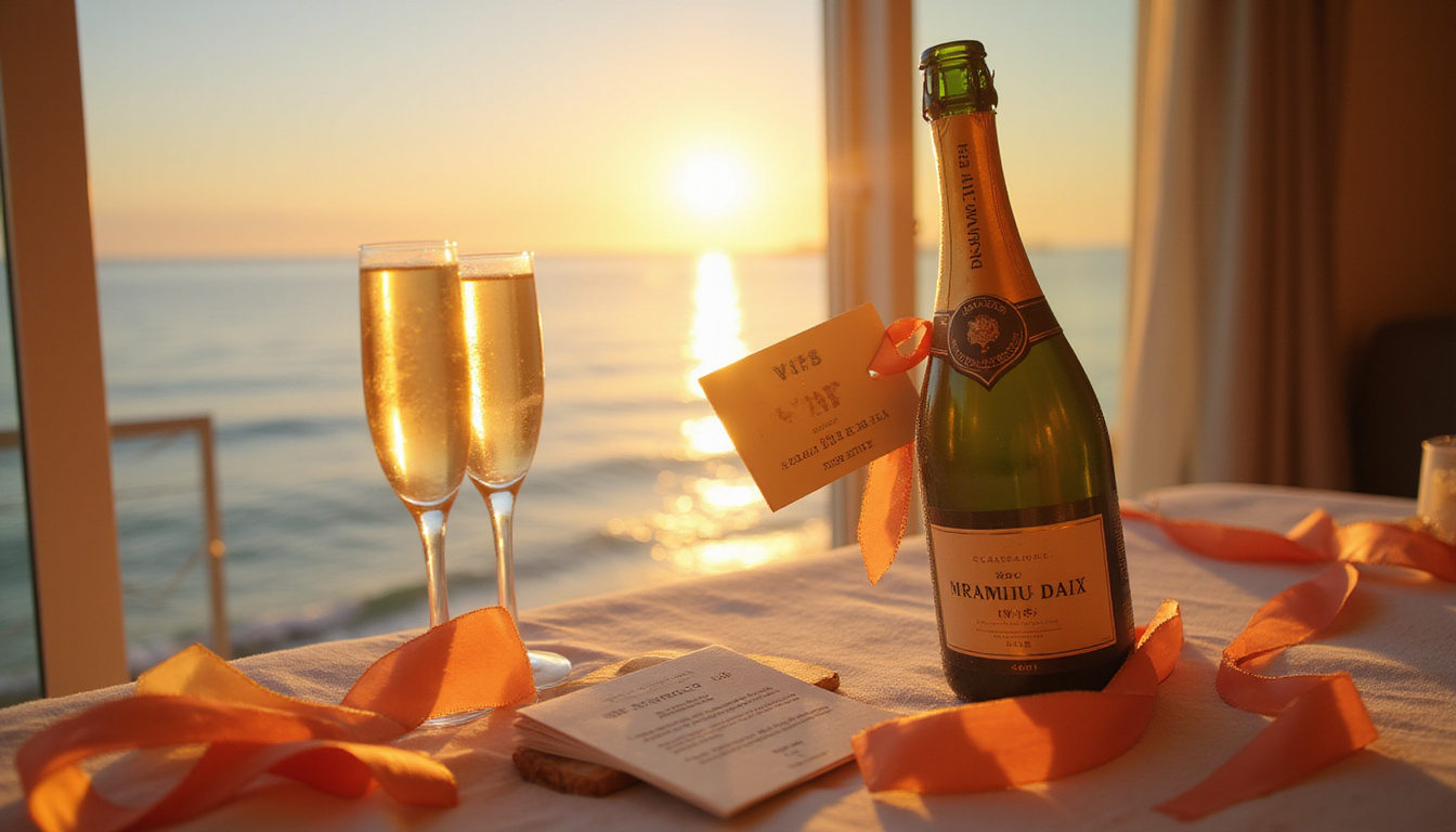 Checklist, loyalty card, champagne bottle popping, VIP ribbon, upgraded oceanfront suite bathed in sunrise