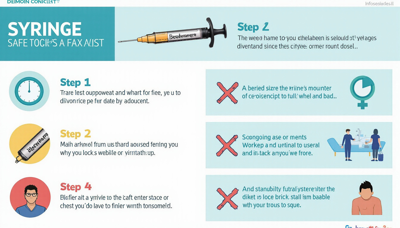  Infographic-style scene: step-by-step syringe safety checklist, color-coded steps, clock showing time saved